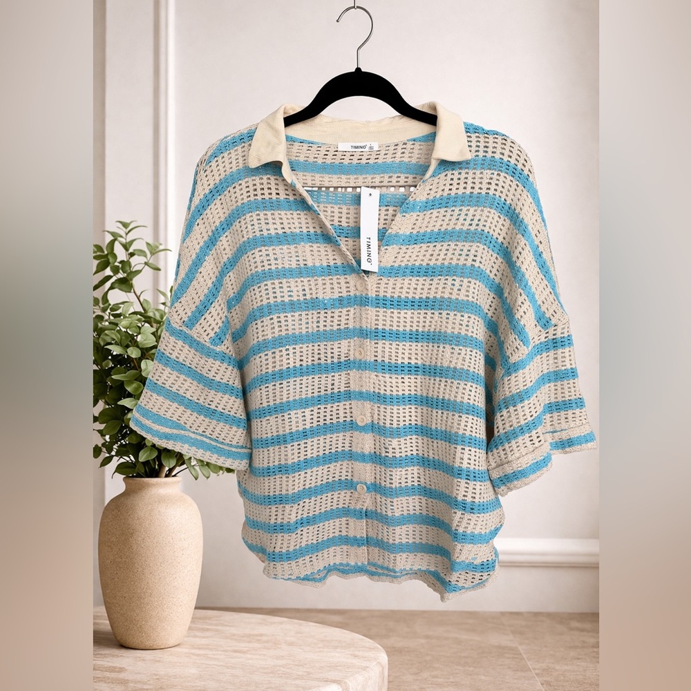 Timing Crochet Knit Striped Blue Cream Short Sleeve